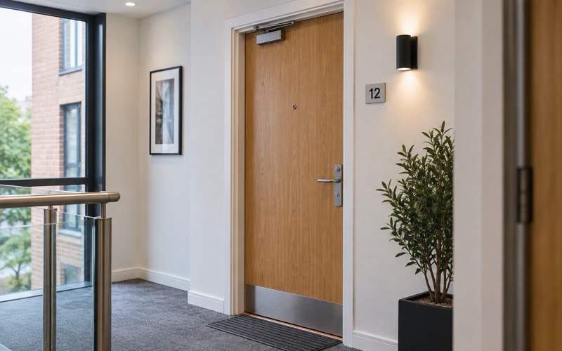 Single modern flat entrance fire door with surrounding frame