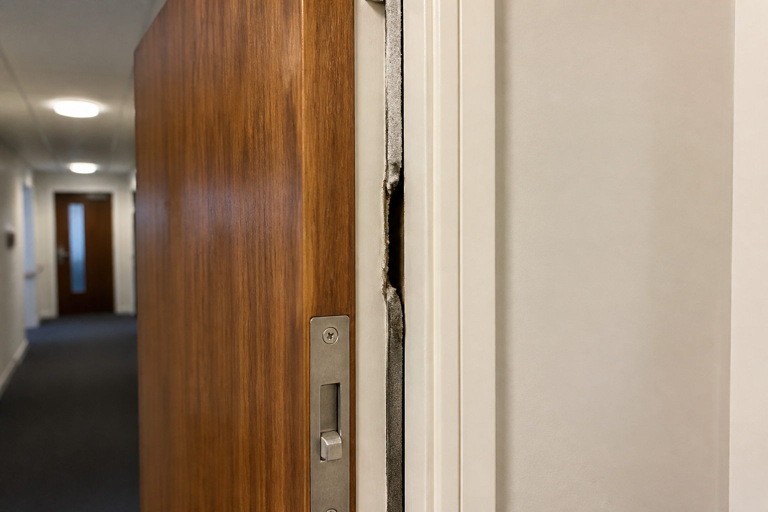 Close-up of a damaged or missing fire door seal